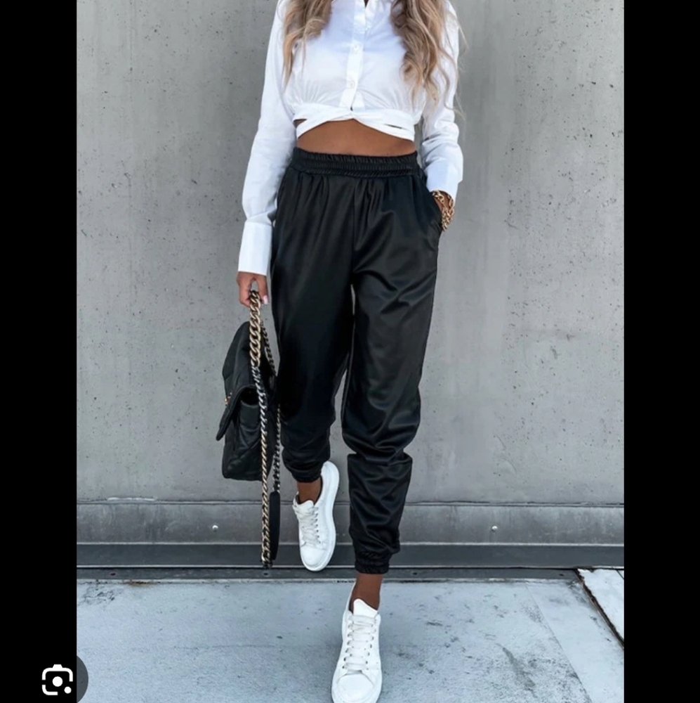 RD Style vegan leather black Jogger Pants. womens large EUC